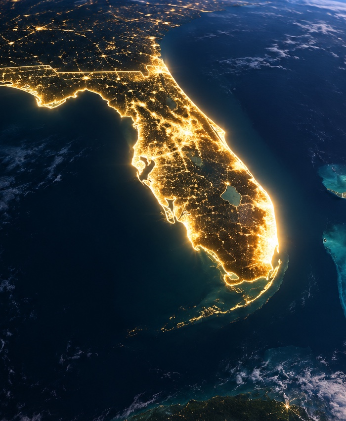 Florida vista de noche desde el espacio, con sus ciudades iluminadas